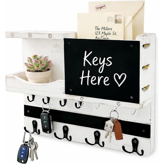 Key Holder for Wall Mount with Shelf and Mail Organizer, Key and Mail Holder with 16 Hooks, Farmhouse Entryway Organizer, Home Decor Rack (Pine Wood, White Washed)
