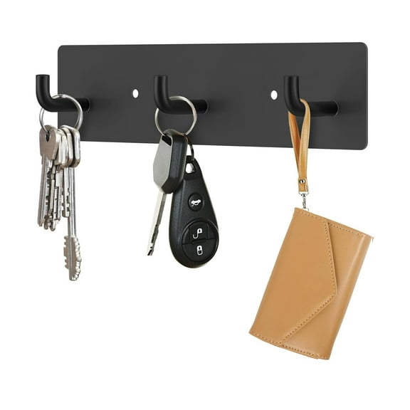 Key Holder Wall Mount, Small Metal Self Adhesive Key Rack with 3 Hooks, Black