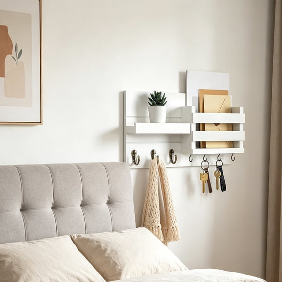 Key Holder Wall Mount, Solid Wood Key and Mail Organizer for Wall(Self Adhesive or Drill), 7 Hooks Key Rack for Entryway Hallway Bedroom Farmhouse Home Decor (White)