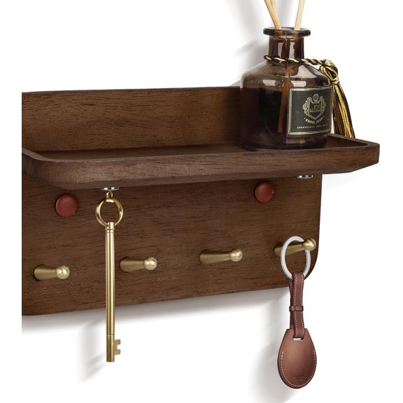 Key Holder Wall Mount, Solid Wood with Brass Hooks & Hidden Magnets, Incline Hooks & Grooved Design to Prevent Slipping, Vintage Brown Key Hanger