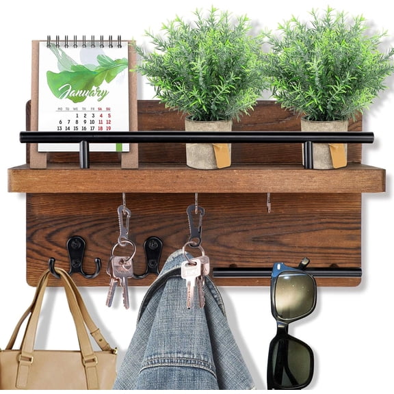 Wall Mounted Key Holder Hanger - Rustic Key Holder for Wall, Entryway Organizer with Shelf & Brass Hooks | Space-Saving Pine Wood Wall Shelf Decor (11.8" x 7.1")