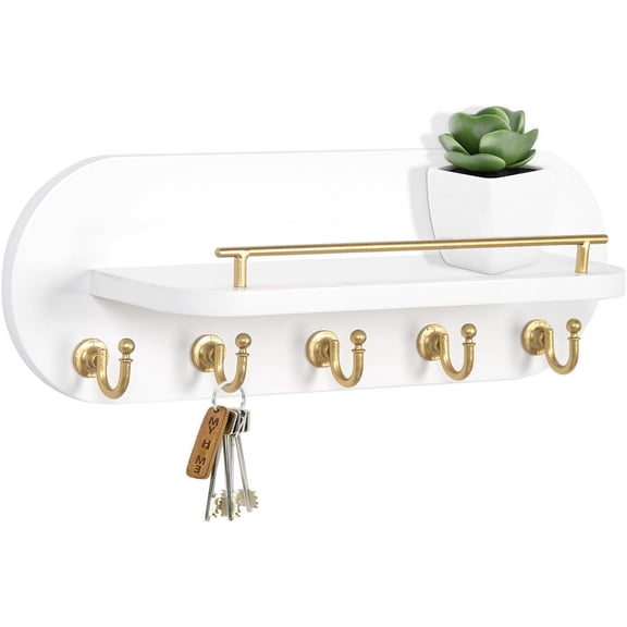 Key Holder Wall Mount White Wood Entryway Rack with 5 Gold Hooks, Metal Shelf Guardrail for Organizer, Living Room Decor (Oval, 14" x 5")
