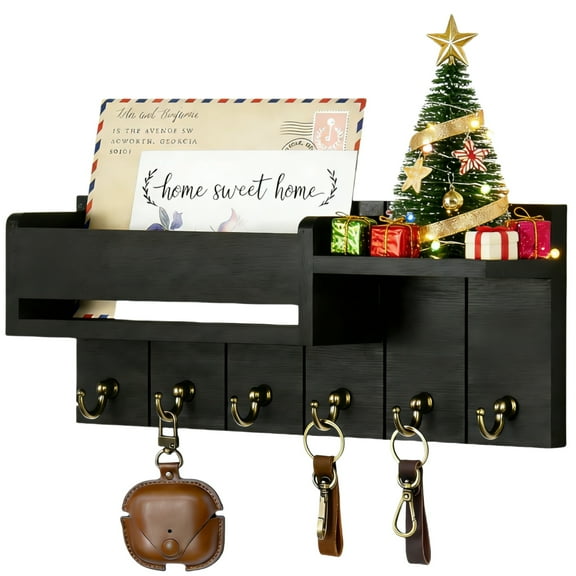 Key Holder Wall Mount, Wood Key and Mail Organizer with 6 Key Hooks, Key Rack Hanger with Shelf Letter Holder Includes Mounting Hardware Using Guide for Entryway Bedroom Farmhouse Home Decor