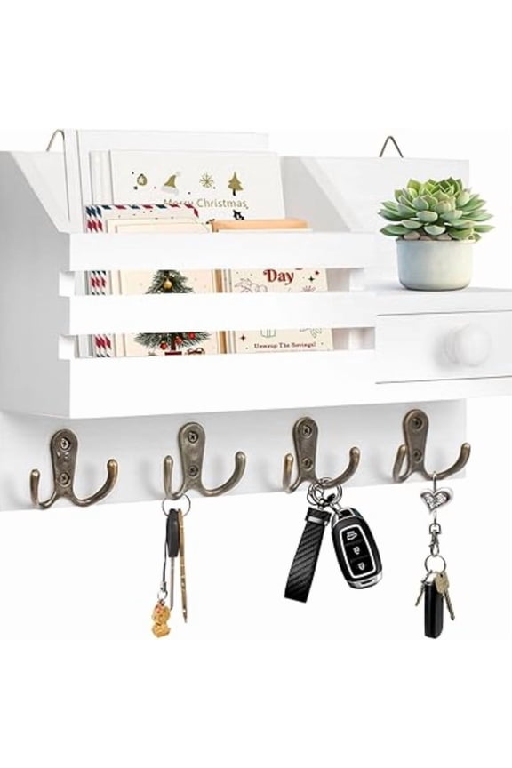 Key Holder Wall Mount, Wooden Adhesive Mail and Key Organizer with Drawer, Small Shelf, 8 Hooks, 2 Installation Methods, White