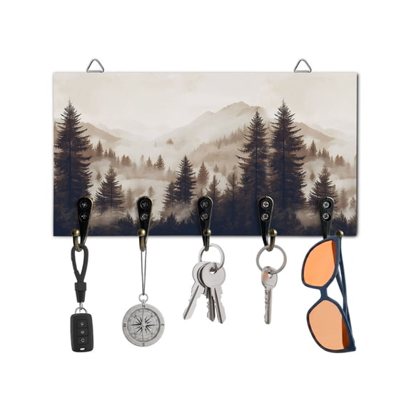 Key Holder for Wall Mountain Forest Key Hooks Wood Wall Mounted Key Holder Tree Nature Woods Key Rack Organizer with 5 Hooks for Entryway, Hallway Office Bathroom Kitchen Home Decor