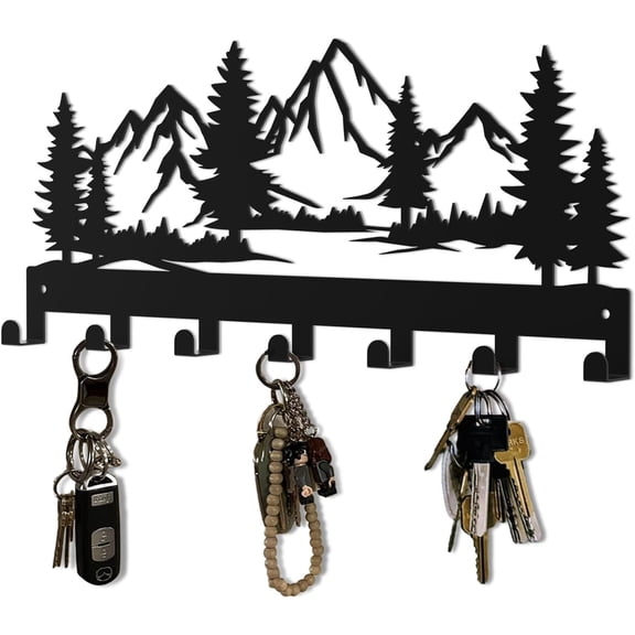 Key Holder Wall Mounted Key Hooks, Black Metal Key Rack Hooks, The Great Grove, Mountain Theme Wall Decoration Hooks, with 7 Hooks, Applicable to Front Doors, Lobby,Corridor, Offices (12 ")