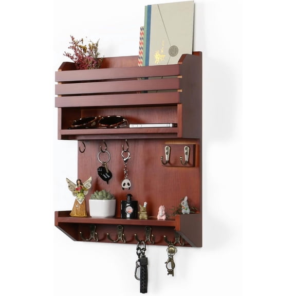 Key Holder, Wall Mounted Mail Organizer, Keys Holder on Wall with 9 Key Hooks, Umber