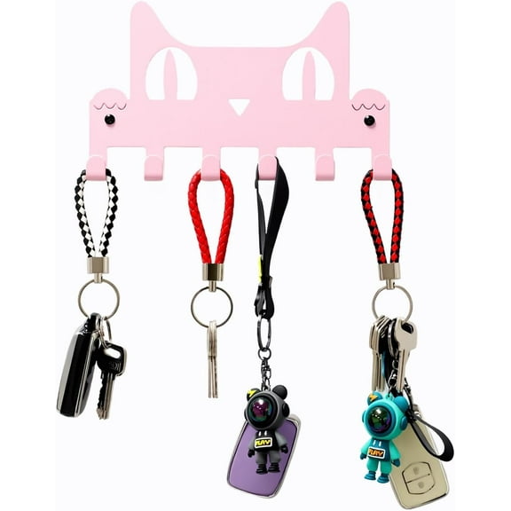 Key Holder Wall Mounted with Screws and Anchors, Black Multifunctional Key Hanger with 6 Hooks, Entryway Front Door Kitchen Hallway Garage Office(Pink)