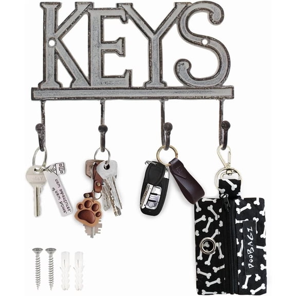 Comfify Wall Mounted Key Holder ā Decorative Farmhouse Rustic Cast Iron Key Rack with 4 Hooks ā White