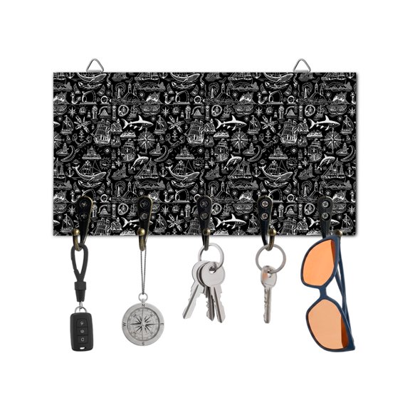 Key Holder for Wall Navigation Anchor Sailboat Key Hooks Wood Wall Mounted Key Holder Black Compass Map Key Rack Organizer with 5 Hooks for Entryway, Hallway Office Bathroom Kitchen Home Decor