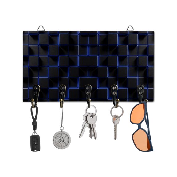 Key Holder for Wall Navy Blue Black Cubes Key Hooks Wood Wall Mounted Key Holder Modern Artificial Key Rack Organizer with 5 Hooks for Entryway, Hallway Office Bathroom Kitchen Home Decor