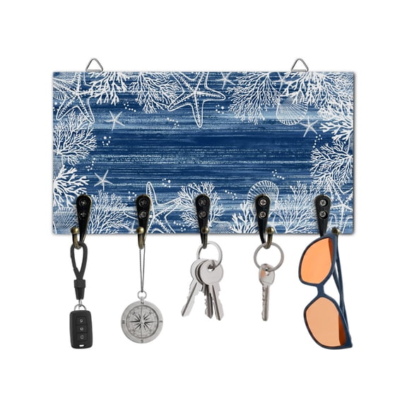 Key Holder for Wall Navy Blue Coral Starfish Key Hooks Wood Wall Mounted Key Holder Summer Ocean Beach Shell Key Rack Organizer with 5 Hooks for Entryway, Hallway Office Bathroom Kitchen Home Decor