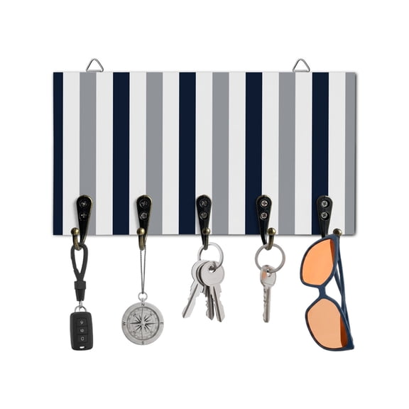 Key Holder for Wall Navy Blue Gray Stripes Key Hooks Wood Wall Mounted Key Holder Contrast Striped Key Rack Organizer with 5 Hooks for Entryway, Hallway Office Bathroom Kitchen Home Decor