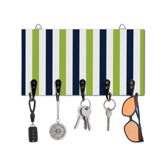 Key Holder for Wall Navy Blue Green Stripes Key Hooks Wood Wall Mounted Key Holder Contrast Striped Key Rack Organizer with 5 Hooks for Entryway, Hallway Office Bathroom Kitchen Home Decor