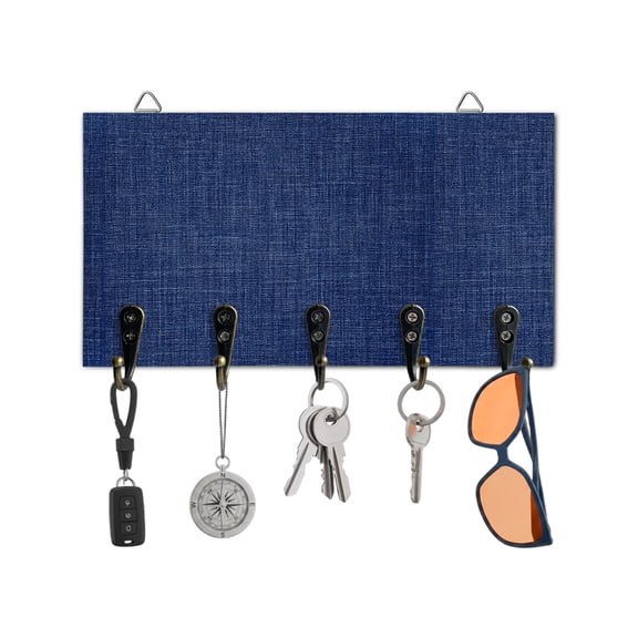 Key Holder for Wall Navy Blue Linen Key Hooks Wood Wall Mounted Key Holder Farmhouse Pure Color Key Rack Organizer with 5 Hooks for Entryway, Hallway Office Bathroom Kitchen Home Decor