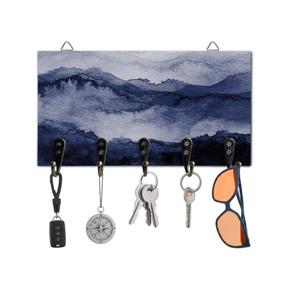 Key Holder for Wall Navy Blue Mountain Key Hooks Wood Wall Mounted Key Holder Ombre Abstract Natural Key Rack Organizer with 5 Hooks for Entryway, Hallway Office Bathroom Kitchen Home Decor