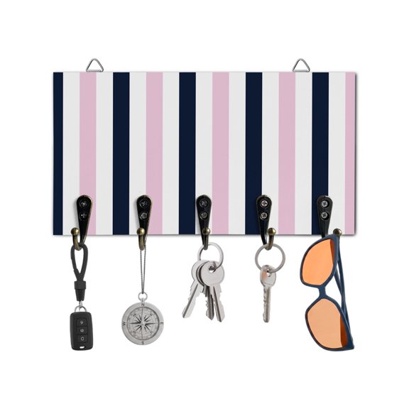 Key Holder for Wall Navy Blue Pink Stripes Key Hooks Wood Wall Mounted Key Holder Contrast Striped Key Rack Organizer with 5 Hooks for Entryway, Hallway Office Bathroom Kitchen Home Decor