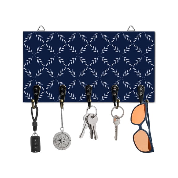 Key Holder for Wall Navy Blue Plaid Key Hooks Wood Wall Mounted Key Holder Diamond Texture Key Rack Organizer with 5 Hooks for Entryway, Hallway Office Bathroom Kitchen Home Decor