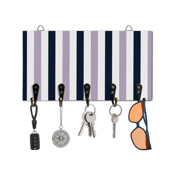 Key Holder for Wall Navy Blue Purple Stripes Key Hooks Wood Wall Mounted Key Holder Contrast Striped Key Rack Organizer with 5 Hooks for Entryway, Hallway Office Bathroom Kitchen Home Decor