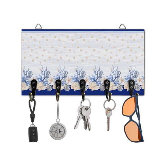 Key Holder for Wall Navy Blue Starfish Key Hooks Wood Wall Mounted Key Holder Coral Shell Marine Life Key Rack Organizer with 5 Hooks for Entryway, Hallway Office Bathroom Kitchen Home Decor