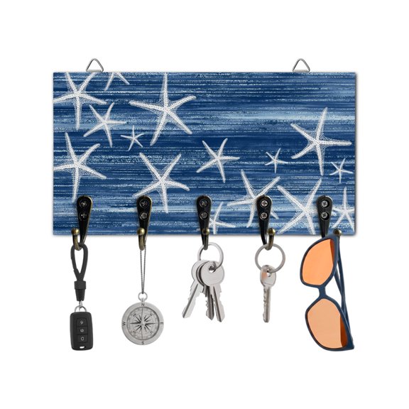 Key Holder for Wall Navy Blue Starfish Key Hooks Wood Wall Mounted Key Holder Summer Ocean Beach Key Rack Organizer with 5 Hooks for Entryway, Hallway Office Bathroom Kitchen Home Decor