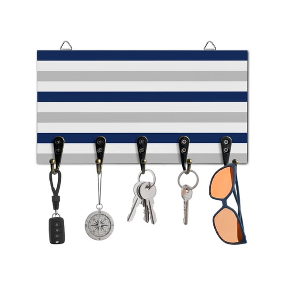 Key Holder for Wall Navy Blue Stripes Key Hooks Wood Wall Mounted Key Holder Grey Classic Striped Key Rack Organizer with 5 Hooks for Entryway, Hallway Office Bathroom Kitchen Home Decor