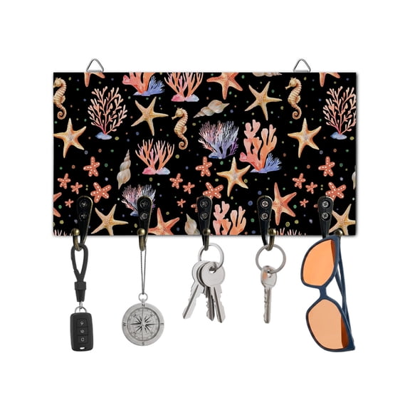 Key Holder for Wall Ocean Coastal Key Hooks Wood Wall Mounted Key Holder Black Starfish Coral Conch Shell Key Rack Organizer with 5 Hooks for Entryway, Hallway Office Bathroom Kitchen Home Decor