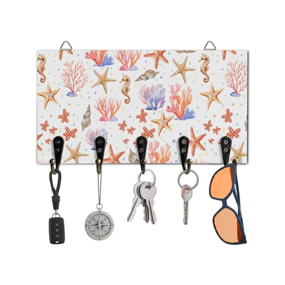 Key Holder for Wall Ocean Coastal Key Hooks Wood Wall Mounted Key Holder Starfish Coral Conch Shell Key Rack Organizer with 5 Hooks for Entryway, Hallway Office Bathroom Kitchen Home Decor