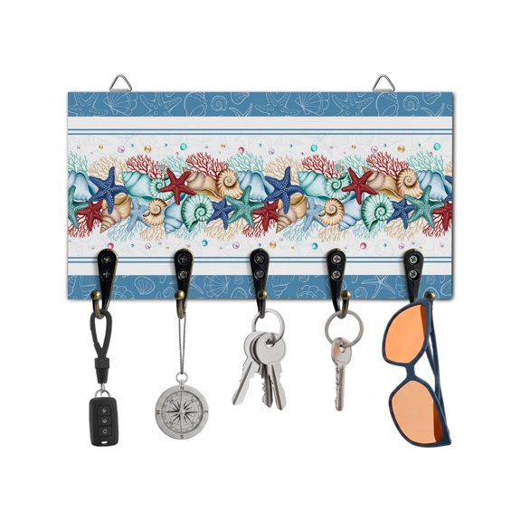 Key Holder for Wall Ocean Coral Starfish Conch Key Hooks Wood Wall Mounted Key Holder Beach Marine Life Blue Key Rack Organizer with 5 Hooks for Entryway, Hallway Office Bathroom Kitchen Home Decor