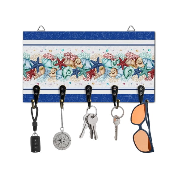 Key Holder for Wall Ocean Coral Starfish Conch Key Hooks Wood Wall Mounted Key Holder Beach Marine Life Navy Blue Key Rack Organizer with 5 Hooks for Entryway, Hallway Office Bathroom Kitchen Decor