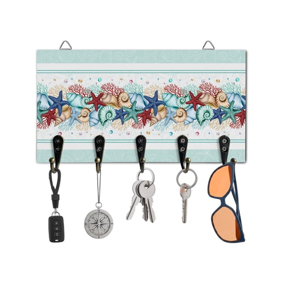 Key Holder for Wall Ocean Coral Starfish Conch Key Hooks Wood Wall Mounted Key Holder Beach Marine Life Teal Green Key Rack Organizer with 5 Hooks for Entryway, Hallway Office Bathroom Kitchen Decor