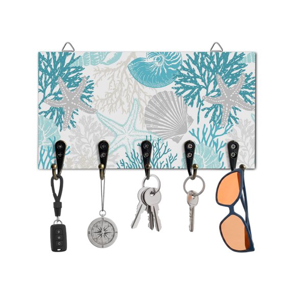 Key Holder for Wall Ocean Coral Starfish Key Hooks Wood Wall Mounted Key Holder Aqua Coastal Shell Conch Key Rack Organizer with 5 Hooks for Entryway, Hallway Office Bathroom Kitchen Home Decor