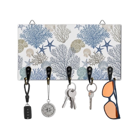 Key Holder for Wall Ocean Coral Starfish Key Hooks Wood Wall Mounted Key Holder Blue Nautical Coastal Shell Key Rack Organizer with 5 Hooks for Entryway, Hallway Office Bathroom Kitchen Home Decor