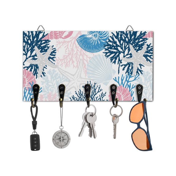 Key Holder for Wall Ocean Coral Starfish Key Hooks Wood Wall Mounted Key Holder Blue Pink Coastal Shell Conch Key Rack Organizer with 5 Hooks for Entryway, Hallway Office Bathroom Kitchen Home Decor