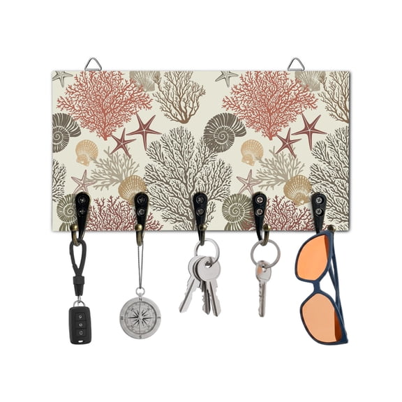 Key Holder for Wall Ocean Coral Starfish Key Hooks Wood Wall Mounted Key Holder Red Nautical Coastal Shell Key Rack Organizer with 5 Hooks for Entryway, Hallway Office Bathroom Kitchen Home Decor