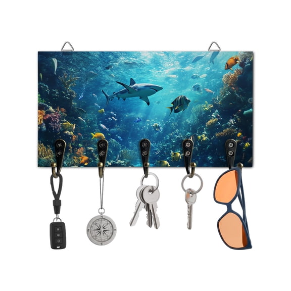 Key Holder for Wall Ocean Seabed Key Hooks Wood Wall Mounted Key Holder Coral Shark Fish Key Rack Organizer with 5 Hooks for Entryway, Hallway Office Bathroom Kitchen Home Decor