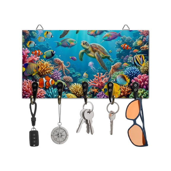 Key Holder for Wall Ocean Seafloor Key Hooks Wood Wall Mounted Key Holder Jellyfish Fish Coral Key Rack Organizer with 5 Hooks for Entryway, Hallway Office Bathroom Kitchen Home Decor