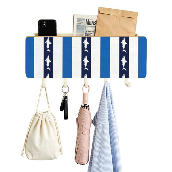 Key Holder for Wall Ocean Shark Stripes Key and Mail Holder with Shelf 5 Hooks Storage Key Organizer Rack Blue White Striped Wood Wall Key Hanger for Entryway Hallway Kitchen Office Home Decor