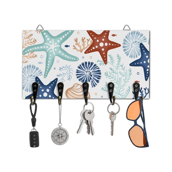 Key Holder for Wall Ocean Teal Starfish Key Hooks Wood Wall Mounted Key Holder Marine Life Coastal Key Rack Organizer with 5 Hooks for Entryway, Hallway Office Bathroom Kitchen Home Decor