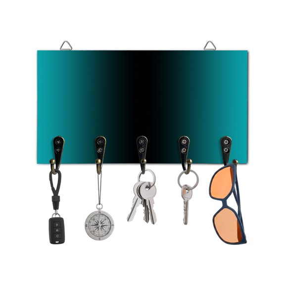 Key Holder for Wall Ombre Black Teal Key Hooks Wood Wall Mounted Key Holder Gradient Color Turquoise Key Rack Organizer with 5 Hooks for Entryway, Hallway Office Bathroom Kitchen Home Decor