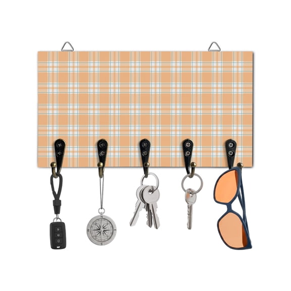 Key Holder for Wall Orange Buffalo Check Plaid Key Hooks Wood Wall Mounted Key Holder Classic Checked Key Rack Organizer with 5 Hooks for Entryway, Hallway Office Bathroom Kitchen Home Decor