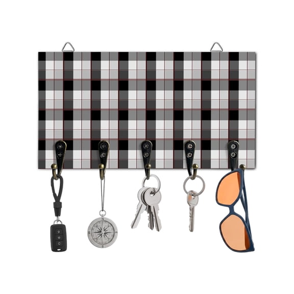 Key Holder for Wall Orange Buffalo Plaid Key Hooks Wood Wall Mounted Key Holder Black Geometric Check Key Rack Organizer with 5 Hooks for Entryway, Hallway Office Bathroom Kitchen Home Decor