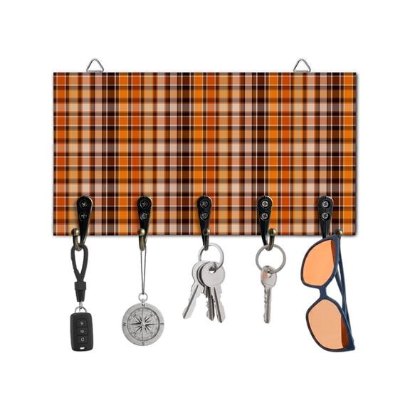 Key Holder for Wall Orange Buffalo Plaid Key Hooks Wood Wall Mounted Key Holder Classic Check Key Rack Organizer with 5 Hooks for Entryway, Hallway Office Bathroom Kitchen Home Decor