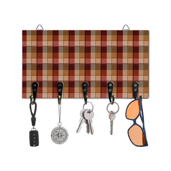 Key Holder for Wall Orange Buffalo Plaid Key Hooks Wood Wall Mounted Key Holder Red Orange Geometric Check Key Rack Organizer with 5 Hooks for Entryway, Hallway Office Bathroom Kitchen Home Decor