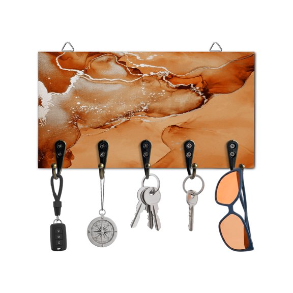 Key Holder for Wall Orange Marble Key Hooks Wood Wall Mounted Key Holder Abstract Waves Cloud Key Rack Organizer with 5 Hooks for Entryway, Hallway Office Bathroom Kitchen Home Decor