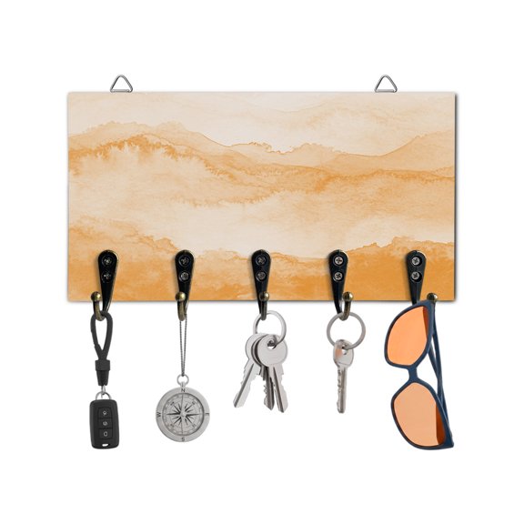 Key Holder for Wall Orange Mountain Key Hooks Wood Wall Mounted Key Holder Ombre Abstract Natural Key Rack Organizer with 5 Hooks for Entryway, Hallway Office Bathroom Kitchen Home Decor