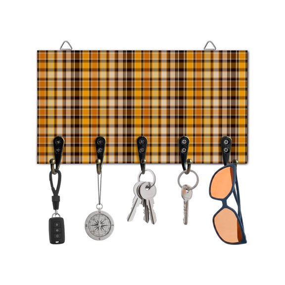 Key Holder for Wall Orange Yellow Buffalo Plaid Key Hooks Wood Wall Mounted Key Holder Classic Check Key Rack Organizer with 5 Hooks for Entryway, Hallway Office Bathroom Kitchen Home Decor