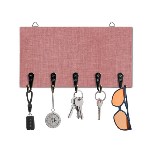 Key Holder for Wall Peach Pink Linen Key Hooks Wood Wall Mounted Key Holder Farmhouse Pure Color Key Rack Organizer with 5 Hooks for Entryway, Hallway Office Bathroom Kitchen Home Decor