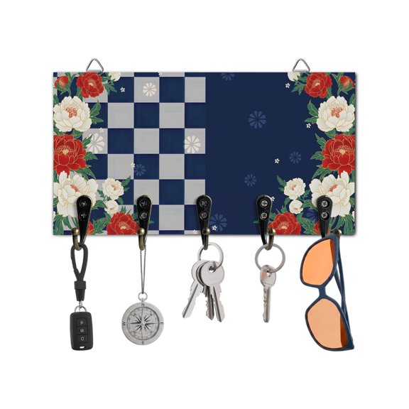 Key Holder for Wall Peony Key Hooks Wood Wall Mounted Key Holder Harmony Japanese Blue Check Buffalo Plaid Key Rack Organizer with 5 Hooks for Entryway, Hallway Office Bathroom Kitchen Home Decor