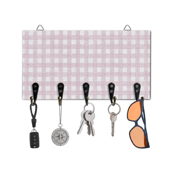 Key Holder for Wall Pink Buffalo Plaid Key Hooks Wood Wall Mounted Key Holder Classic Checked Stripes Key Rack Organizer with 5 Hooks for Entryway, Hallway Office Bathroom Kitchen Home Decor